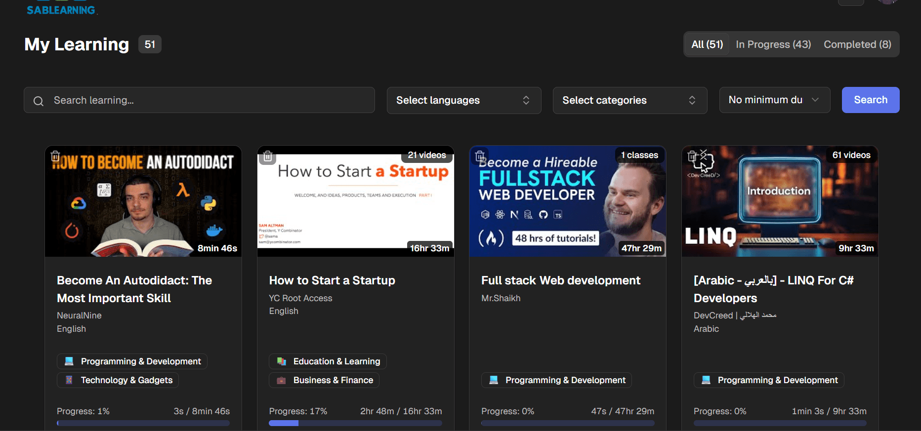 Learning Dashboard Screenshot