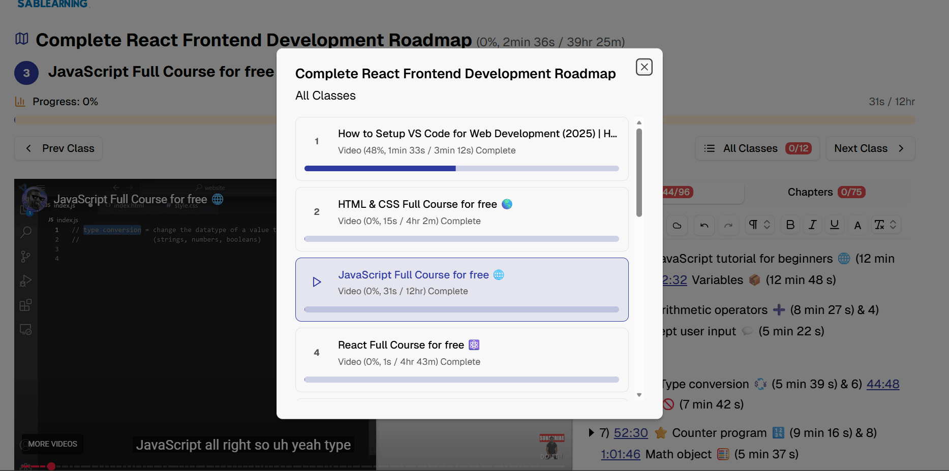 View of all classes in learning path